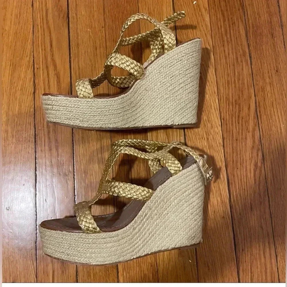 kate spade Shoes - Kate Spade Nude Espadrille Wedge Gold Braid Straps Heels Women's Sz 7 M